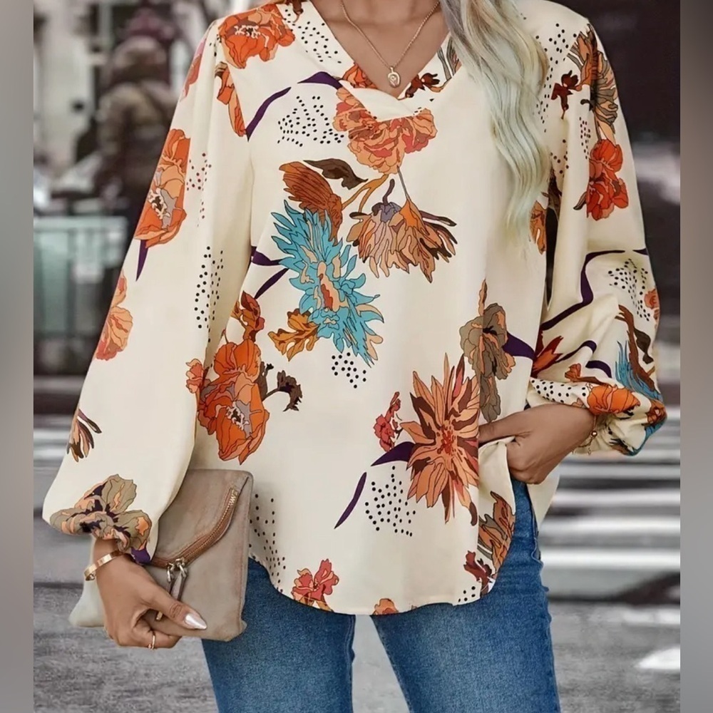 NEW Floral Print V-neck Blouse Fall Long Lantern Sleeve Loose Fit. Satin Like S - Picture 4 of 15